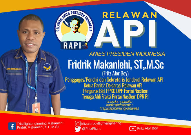<p><strong>Ketua Umum Beta Manies sekaligus Pendiri dan Sekertaris Jendral Relawan Anies Presiden Indonesi (R-API) Fridrik Maknlehi alias&nbsp;Fritz Alor Boy.</strong></p>